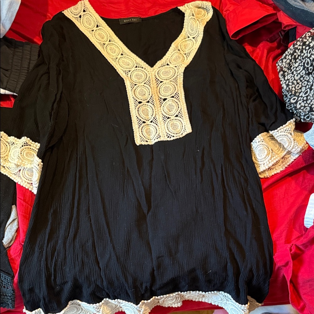 West Kei Black V-Neck Tunic with Cream Crochet Trim